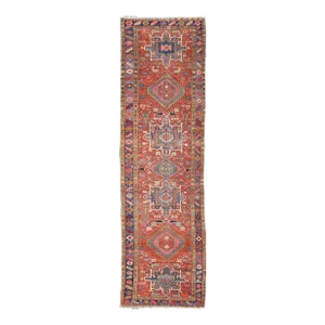 Geometric Medallion Antique Persian Heriz Runner in Brick Red and Blue
