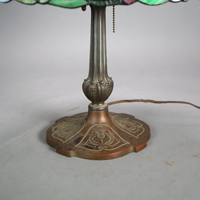Vintage Tiffany Style Stained Glass Table Lamp with Flower & Butterfly Pattern For Sale - Image 12 of 12