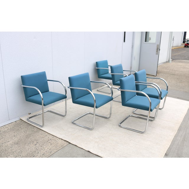 MCM Ludwig Mies Van Der Rohe Brno Tubular Chairs Blue Fabric by Gordon, Set of 6 For Sale In New York - Image 6 of 18