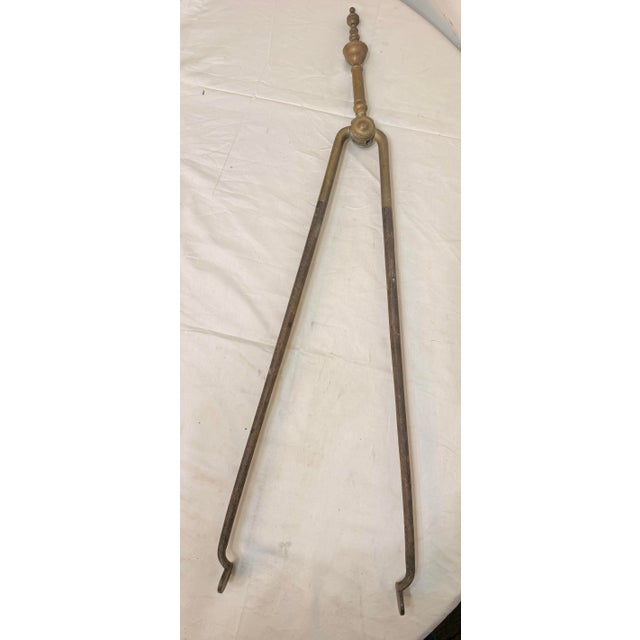 Antique 18th Century Wrought Iron Turned Brass English Fireplace Tongs Tool 9 For Sale - Image 4 of 9