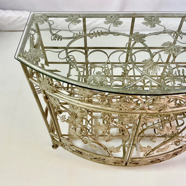 Vintage Maitland-Smith Hollywood Regency Silver Leaf Wine Rack Console Table - 30 Wells, Demi-Lune Design, Attributed For Sale - Image 6 of 16