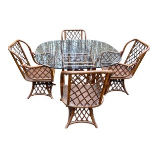 Vintage Rattan Bamboo Dining Table and 4 Chairs For Sale