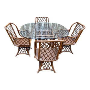 Vintage Rattan Bamboo Dining Table and 4 Chairs