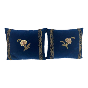 Pair of French Sapphire Velvet Pillows With 19th Century Gold Metallic Appliques
