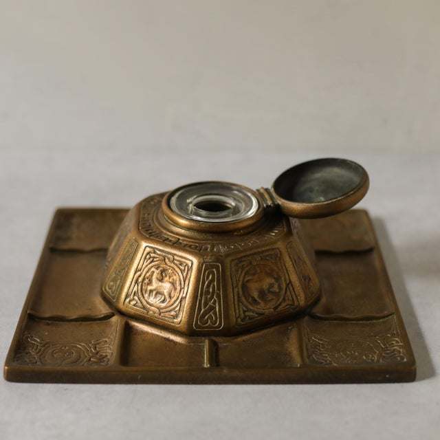 Early 20th Century Tiffany Studios New York Zodiac Bronze Inkwell With Pen Tray and Rocker Blotter For Sale - Image 5 of 18