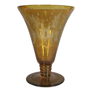 Antique Bohemian Crystal Etched Castle Cornet Vase, Early 20th Century For Sale