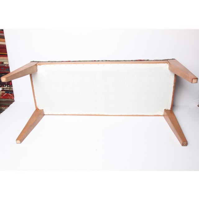 Antique Kazak Wool Rug Upholstered Bench, Rustic Tribal Accent Bench With Wooden Legs For Sale - Image 9 of 11
