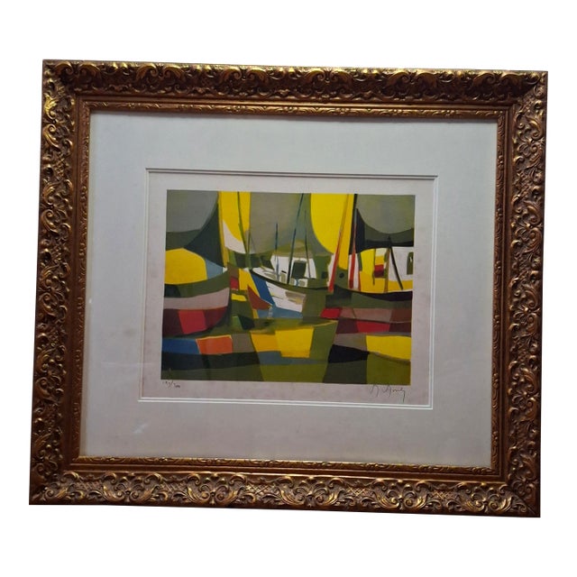 1980s Marcel Mouly Signed Lithograph "Les Chalutiers" Trawlers Limited Edition 190/300 For Sale