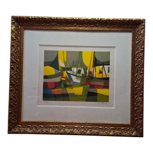 1980s Marcel Mouly Signed Lithograph "Les Chalutiers" Trawlers Limited Edition 190/300