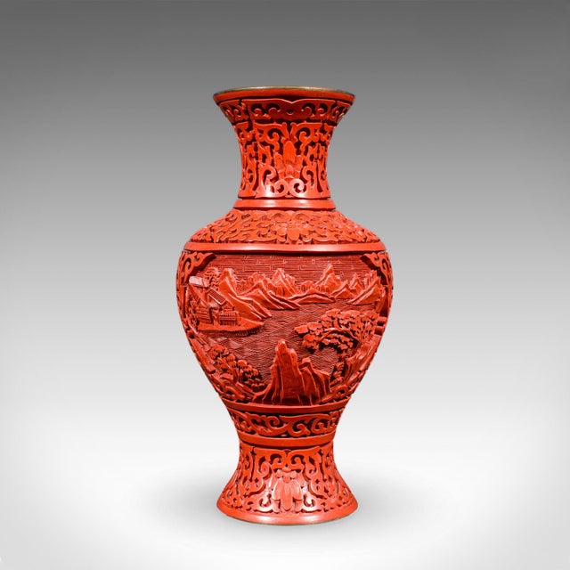 Pair of Vintage Cinnabar Baluster Vases, Oriental, Lacquer, Cloisonne, Posy Urn For Sale - Image 9 of 12