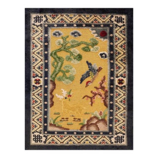 1930s Yellow Gold Scene Figural Antique Chinese Silk & Metallic Thread Rug 2'7" X 4'2" Wool Knotted Carpet For Sale