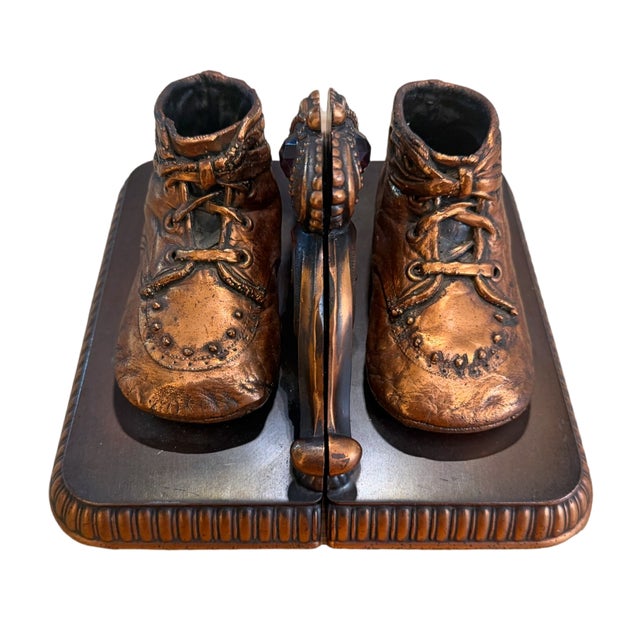 Mid 20th Century Alice Ames Bronzed Baby Shoe Bookends With Jeweled Crowns - Pair For Sale - Image 4 of 6