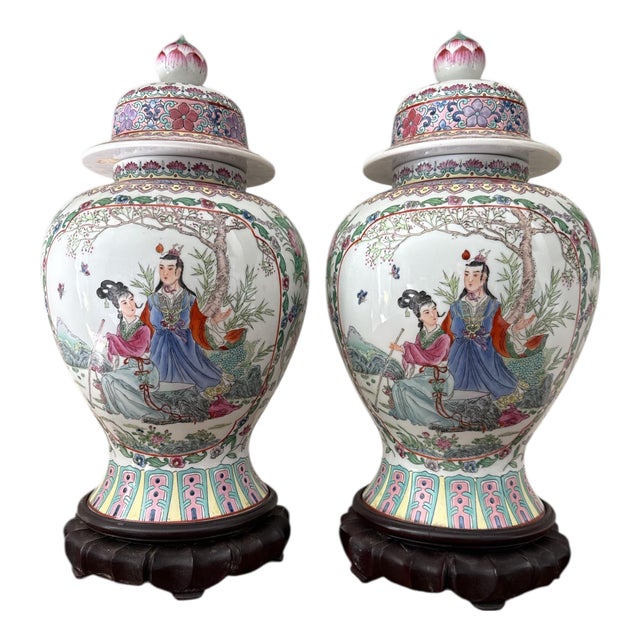 Large Vintage Chinoiserie Famille Rose Export Ginger Jars With Lids on Carved Wood Base - A Pair For Sale