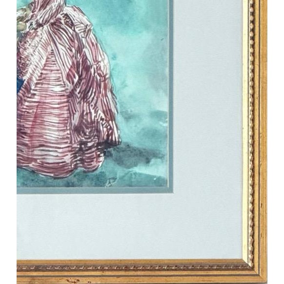 Teal Vintage 1979 Watercolor Illustration of Victorian Woman Signed Mia Tschampel For Sale - Image 8 of 12