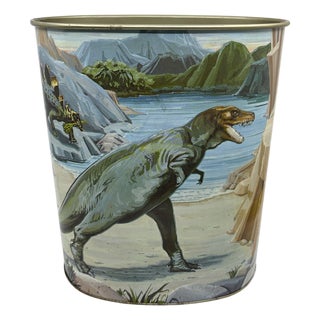 1980s Vintage Prehistoric Dinosaur / Mammoth Metal Wastebasket For Sale