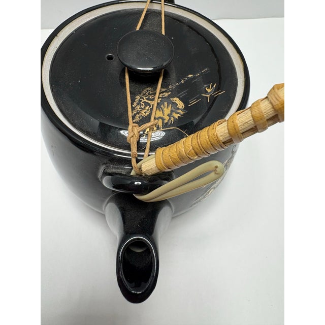 Wood Vintage Japanese Black & Gold Tea Set | Teapot W Bamboo Handle + 4 Cups | Chinoiserie Landscape | Japan Porcelain Tea Service For Sale - Image 7 of 10