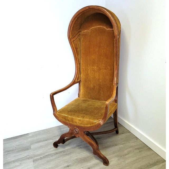 1970s French Revival Porter’s Canopy Chair in Fruitwood and Ochre Velvet For Sale - Image 10 of 11