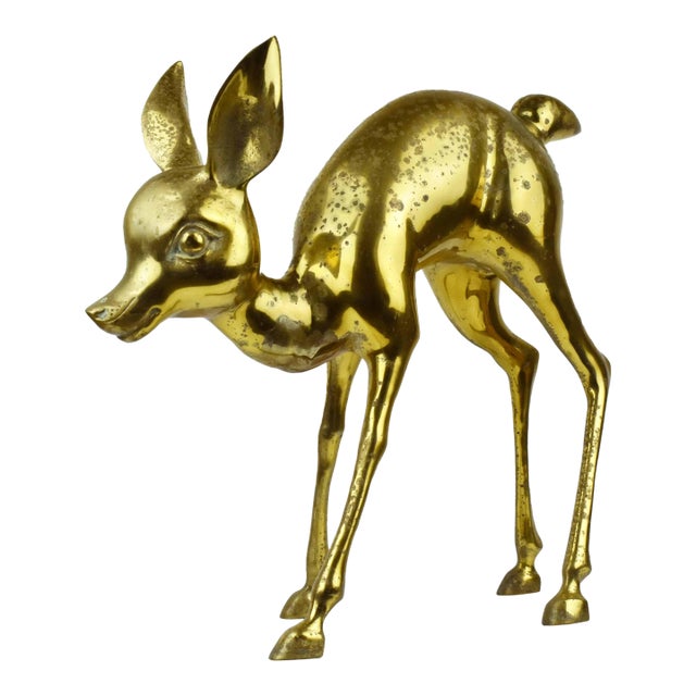 Mid 20th Century Standing Large Heavy Brass Bambi Fawn Deer Sculptures For Sale