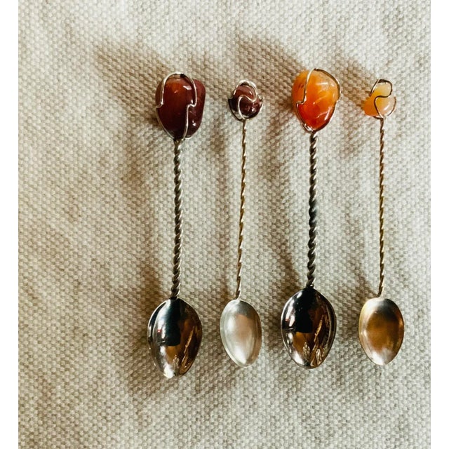 Mid-Century Sterling Silver Spoons With River Amber Stones, Set of Four For Sale - Image 9 of 12