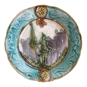 Antique French Majolica Plate, Joan of Arc, Gloire Honneur Liberté Patrie, Late 19th Century
