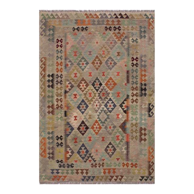 Abstract Kilim Tan Gray Wool Rug - 5'9" X 8'1" For Sale
