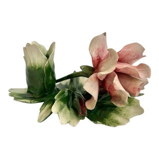 Vintage Capodimonte Porcelain Pink and Green Rose Candle Stick Holder For Sale