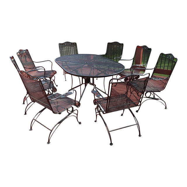 Mid-Century Woodard Briarwood Wrought Iron Dining Set With Eight Spring Chairs, Attributed For Sale