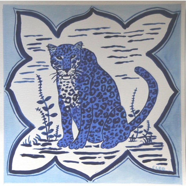 Chinoiserie Blue & White Leopard in Delft Tile European Rustic Landscape Original Painting by Cleo Plowden For Sale - Image 3 of 3