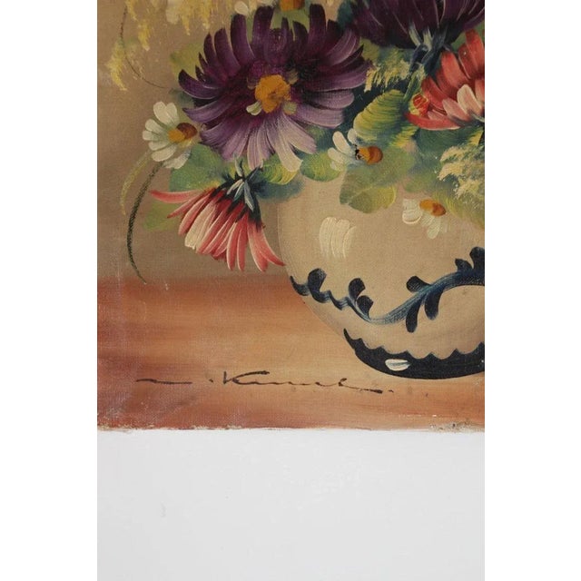 French Provincial Antique French Oil Painting of Flowers in a Vase For Sale - Image 3 of 13