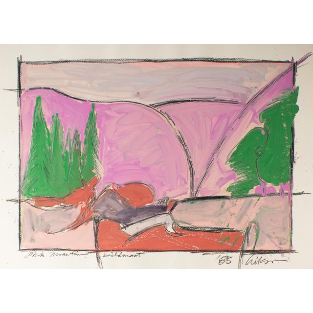A 1985 abstract mixed media painting by American artist Harry Hilson (1935-2004). Titled "Pink Mountain, Piedmont," this...