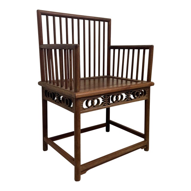 1970s Antique Official’s Arm Chair Wooden Huanghuali Style Spindle Back. Walnut Tone For Sale
