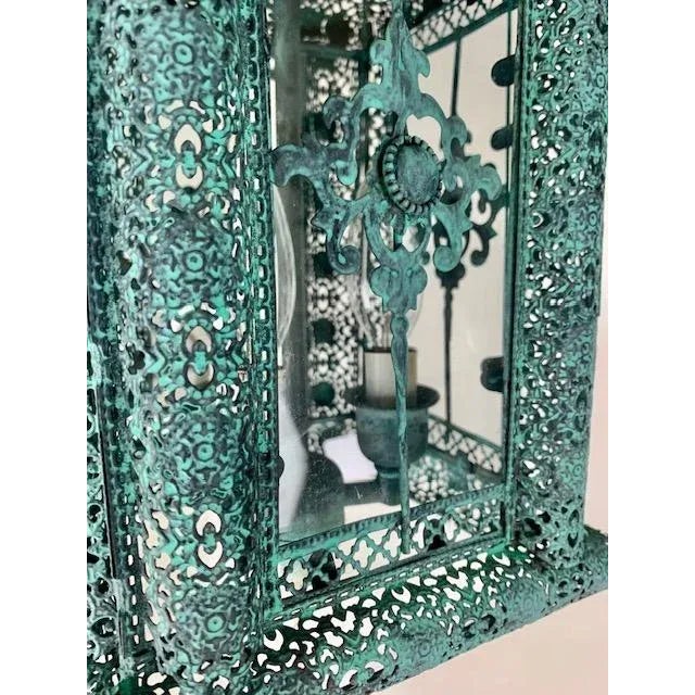 Metal 1950s Mediterranean Decorative Patina 3 Light Cluster Lanterns With Matching Chain and Canopy - Pair For Sale - Image 7 of 12