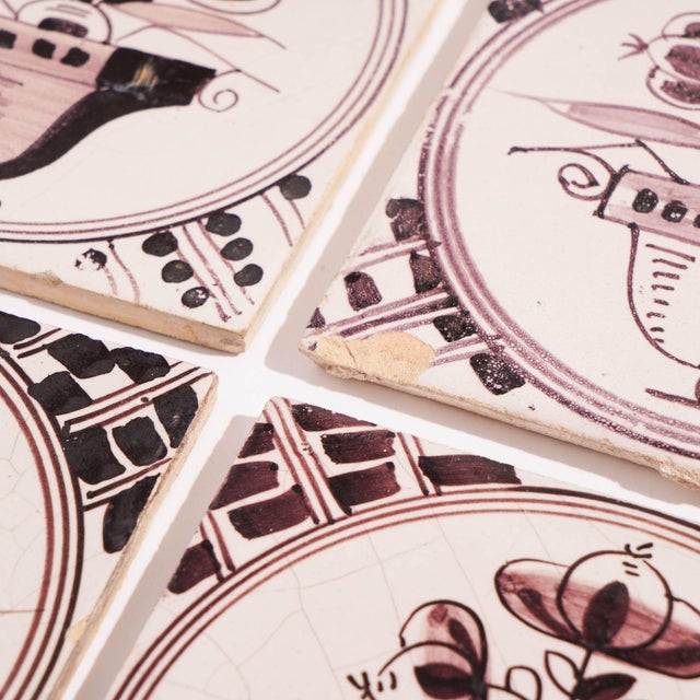 Burgundy Set of 18 Mulberry Decorated Delft Tiles, C. 1700's For Sale - Image 8 of 11