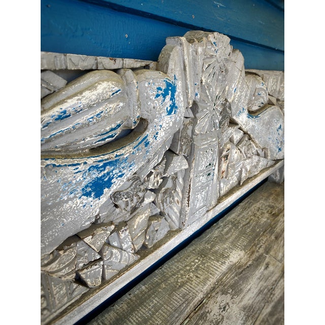 Rustic Vintage Balinese Hand-Carved Teak Peacock Bench With Original Polychrome Paint | Indonesian Folk Art Settee For Sale - Image 3 of 6