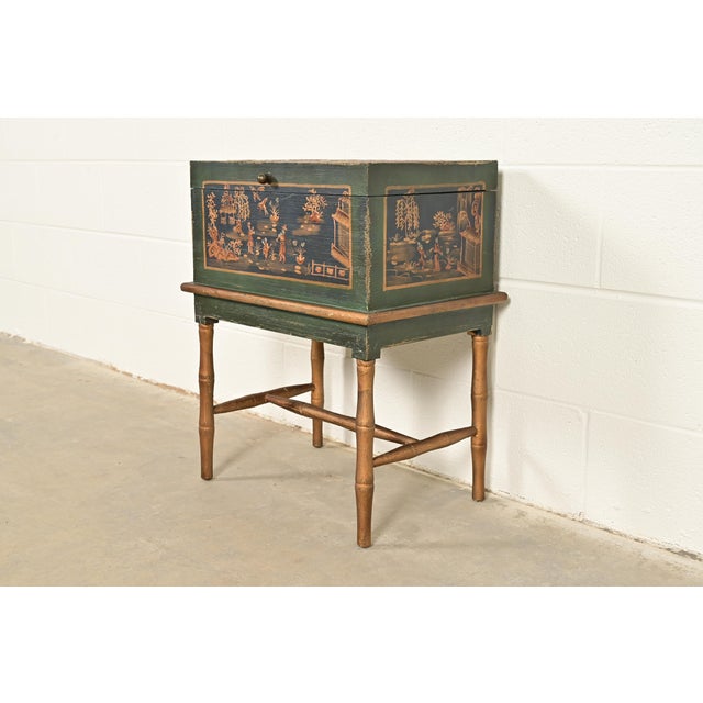 Hollywood Regency Chinoiserie Hand-Painted Green Lacquered and Gold Gilt Chest on Stand For Sale - Image 16 of 16