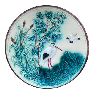 German Majolica Stork Plate, Circa 1900 For Sale