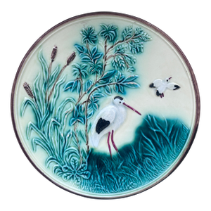 German Majolica Stork Plate, Circa 1900