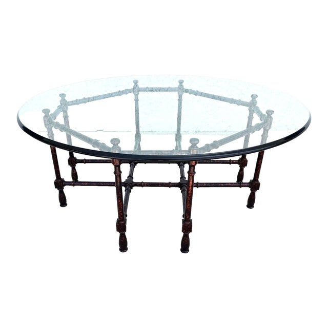 Vintage Baker Style Tortoise Shell Faux Bamboo & Glass Coffee Table For Sale