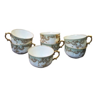 Antique Limoges Elite Works Teacups – Celadon Dots and Gold Scrolls - Set of 7 For Sale