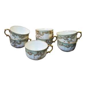 Antique Limoges Elite Works Teacups – Celadon Dots and Gold Scrolls - Set of 7
