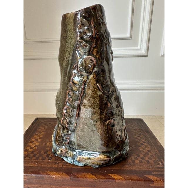 Vintage Large Handcrafted Brutalist Ceramic Vase in Olive Green & Brown For Sale In Los Angeles - Image 6 of 18