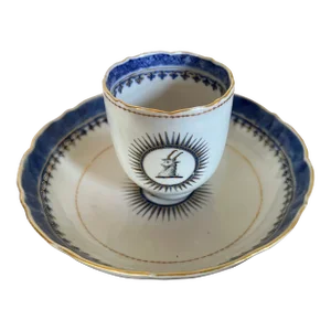 Antique 18th Century Chinese Export Porcelain Tea Cup & Saucer With Goat Head Armorial Crest Circa 1790