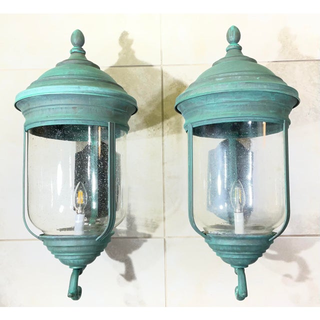 Pair of Vintage Solid Brass Wall Lanterns /Sconces 26”x 12” X13” For Sale - Image 12 of 15