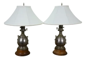 2 Antique Victorian Converted Pewter Oil Lamps Lanterns Table Lamps Pair