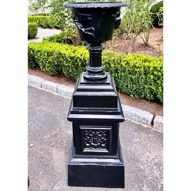 Victorian Large Antique Black Cast Iron Garden Urns on Pedestals, Pair, Circa 1900 For Sale - Image 3 of 18