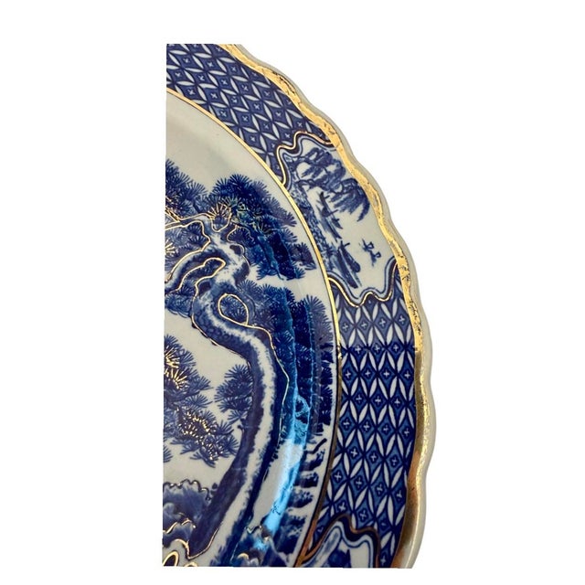 Japanese Vintage Shirokiya Japan Blue & White Gilded Porcelain 13.75” Charger Plate. For Sale - Image 3 of 9