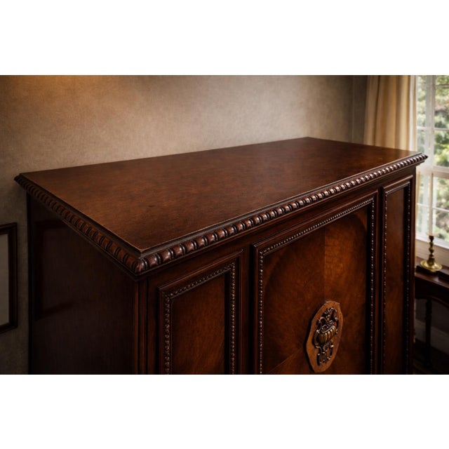 Wood Pair of Vintage Baker Mahogany Cabinets – Neoclassical Sideboard & Entry Console With Carved Urn Motifs For Sale - Image 7 of 12