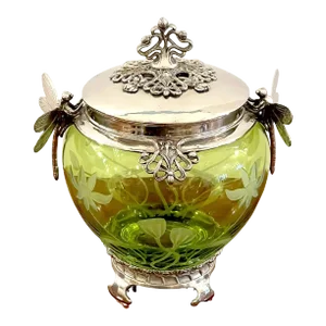 Early 20th Century Wmf Art Nouveau Silverplated Dragonfly Motif & Engraved Green Crystal Box