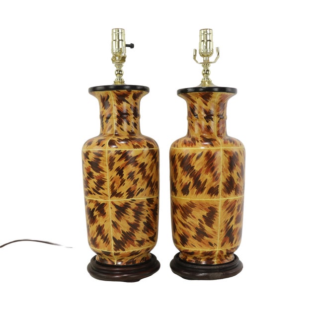 A Pair of Early 21st-Century Hand-Painted Tortoiseshell-Patterned Art Ceramic Table Lamps For Sale - Image 11 of 11