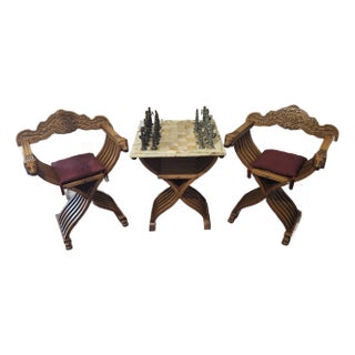 Three Piece Chess Table With Marble Top & Two 19th Century Renaissance Savonarola Chairs For Sale